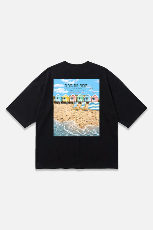 Along The Shore black oversized organic cotton T-shirt, back view – Studio Drop