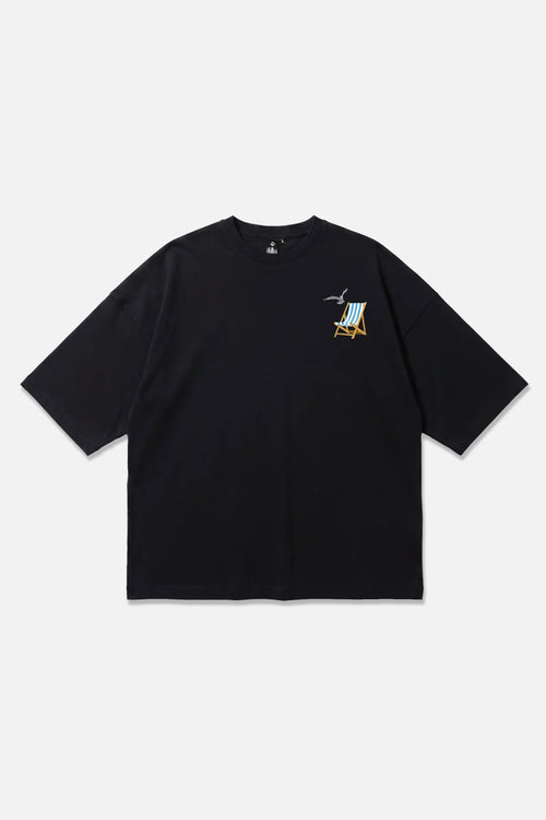 Along The Shore black oversized organic cotton T-shirt, front view – Studio Drop