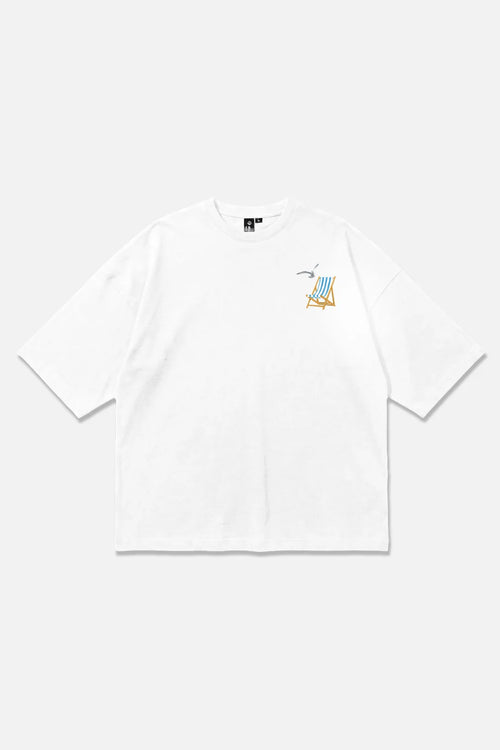 Along The Shore white oversized organic cotton T-shirt, front view – Studio Drop