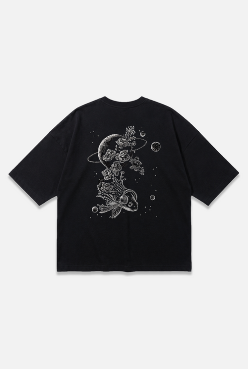Dreamscape Tee black oversized organic cotton T-shirt, back view – Studio Drop