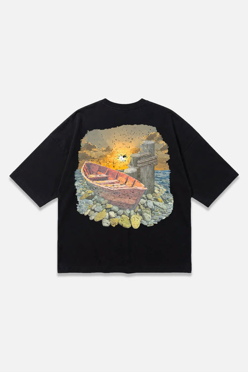 Last Light black oversized organic cotton T-shirt, back view – Studio Drop
