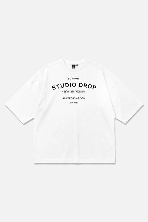 Moment Tee white oversized organic cotton T-shirt, front view – Studio Drop