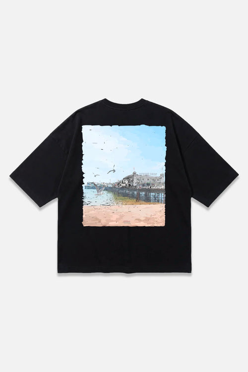 Pier Days black oversized organic cotton T-shirt, back view – Studio Drop