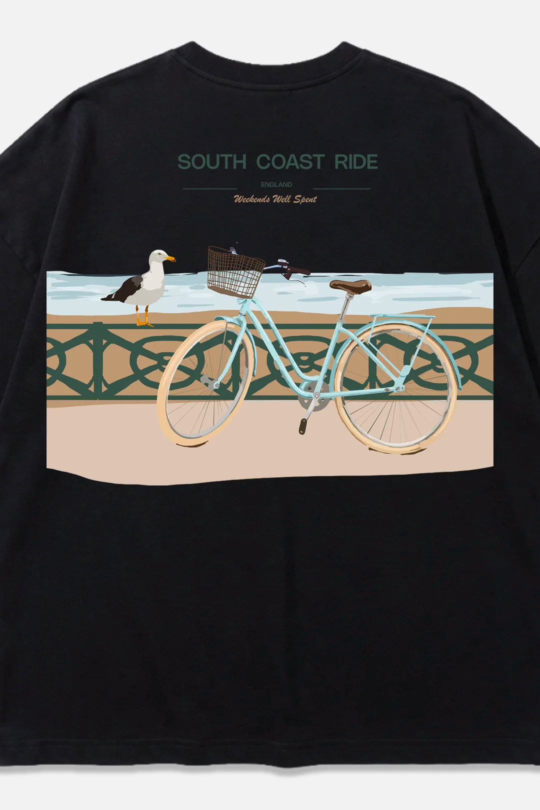 South Coast Ride black oversized organic cotton T-shirt, back view – Studio Drop