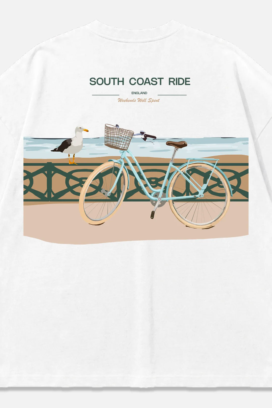South Coast Ride white oversized organic cotton T-shirt, back view – Studio Drop