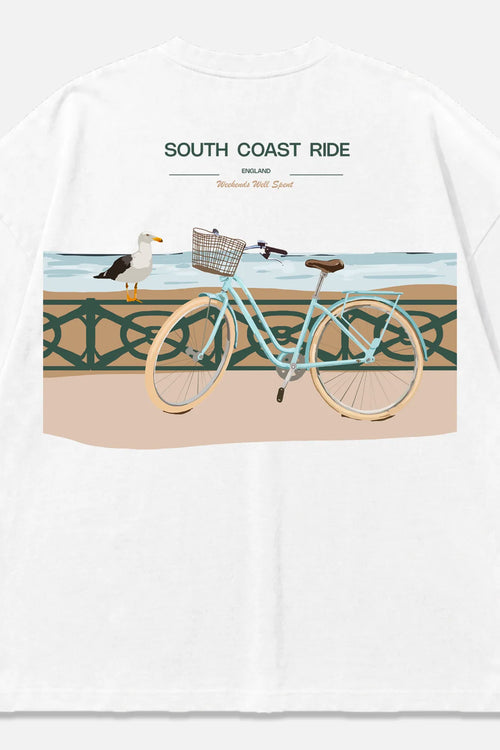 South Coast Ride white oversized organic cotton T-shirt, back view – Studio Drop