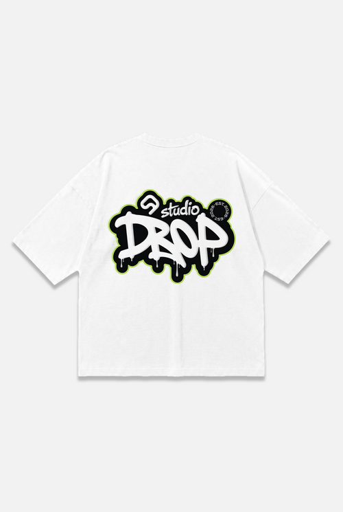 Release Tee white oversized organic cotton T-shirt, back view – Studio Drop