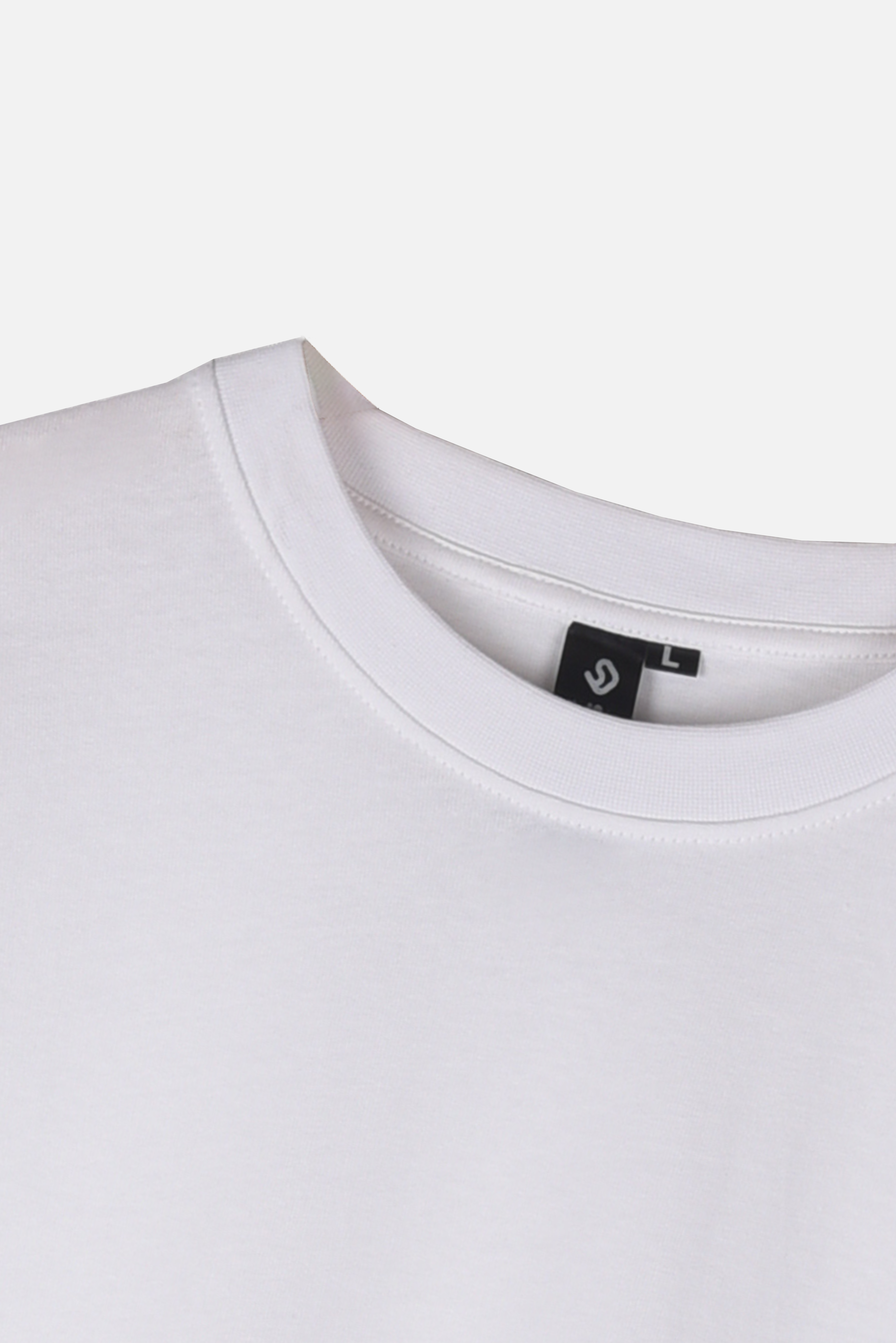 Whimsy Tee white organic cotton T-shirt neckline detail – Studio Drop