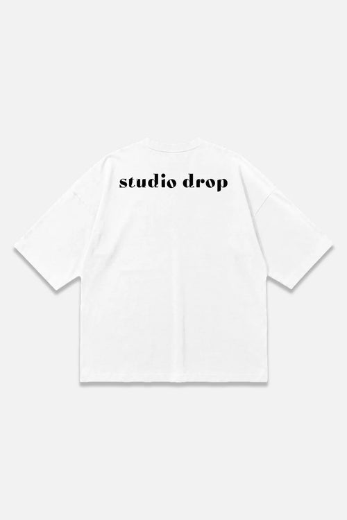 Archive Tee white oversized organic cotton T-shirt, back view – Studio Drop