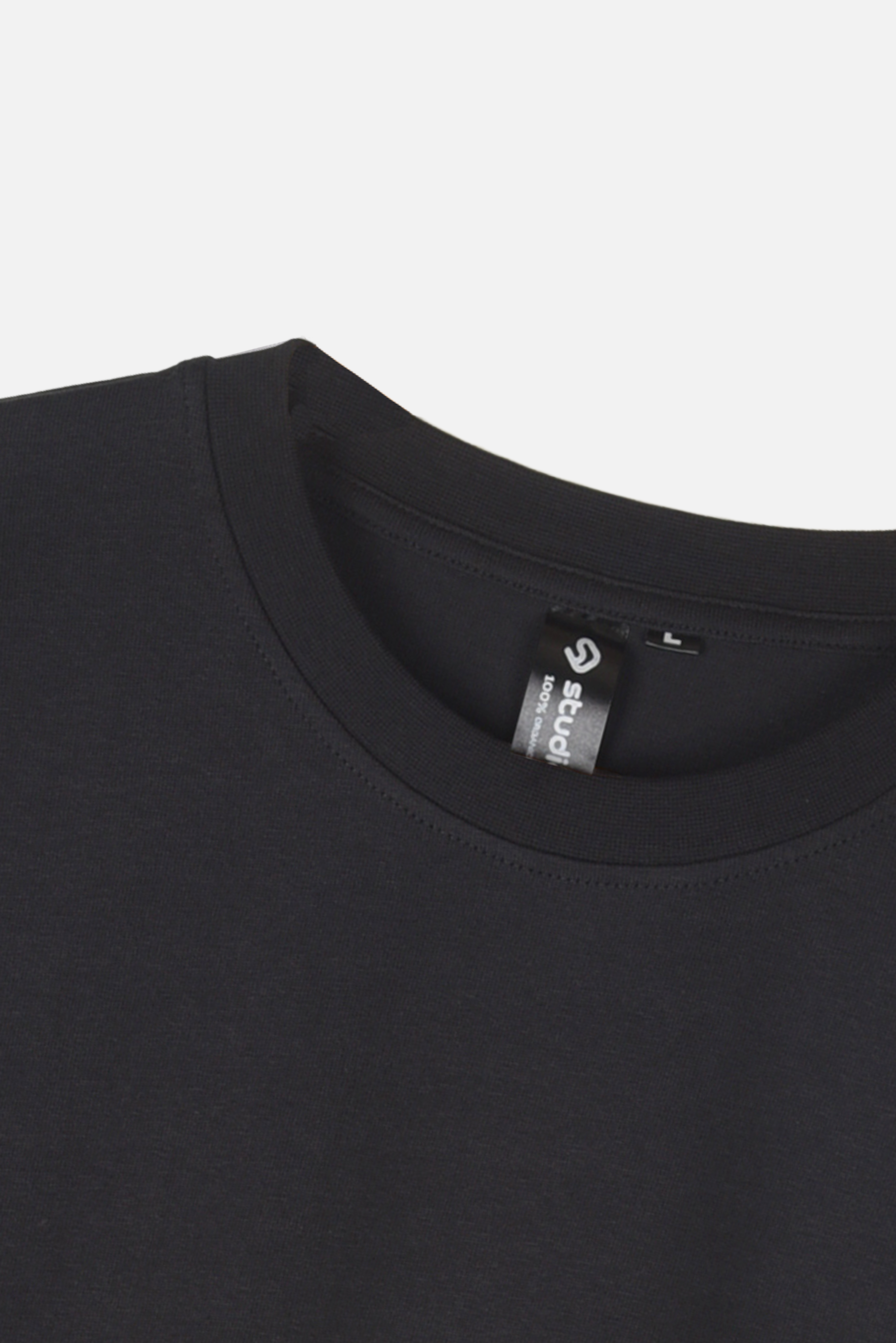Whimsy Tee black organic cotton T-shirt neckline detail – Studio Drop
