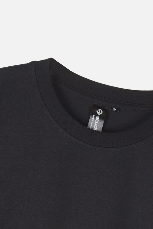 Whimsy Tee black organic cotton T-shirt neckline detail – Studio Drop