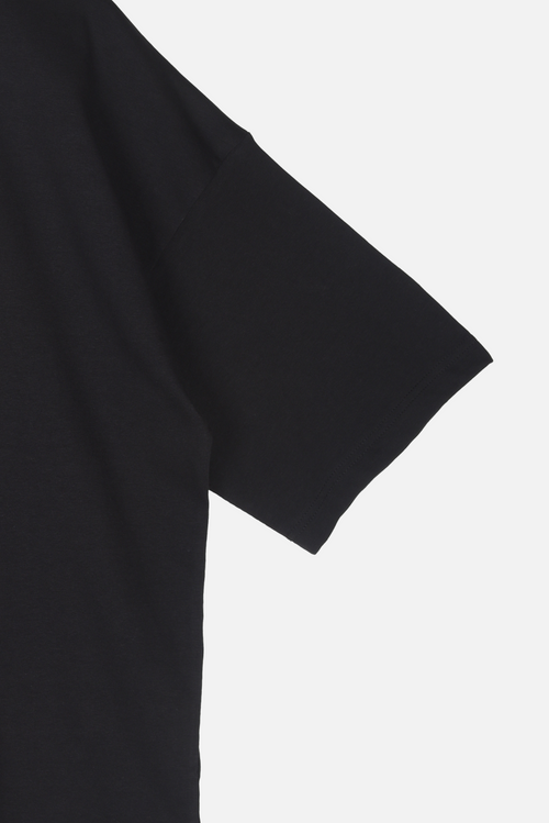 Whimsy Tee black organic cotton T-shirt sleeve and fabric detail – Studio Drop