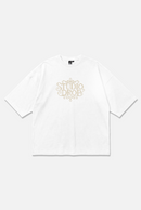 Crosswork Tee white oversized organic cotton T-shirt, front view – Studio Drop
