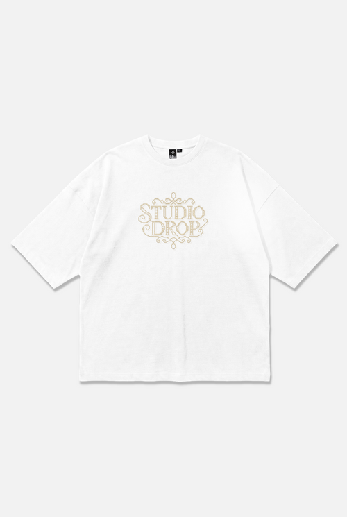 Crosswork Tee white oversized organic cotton T-shirt, front view – Studio Drop